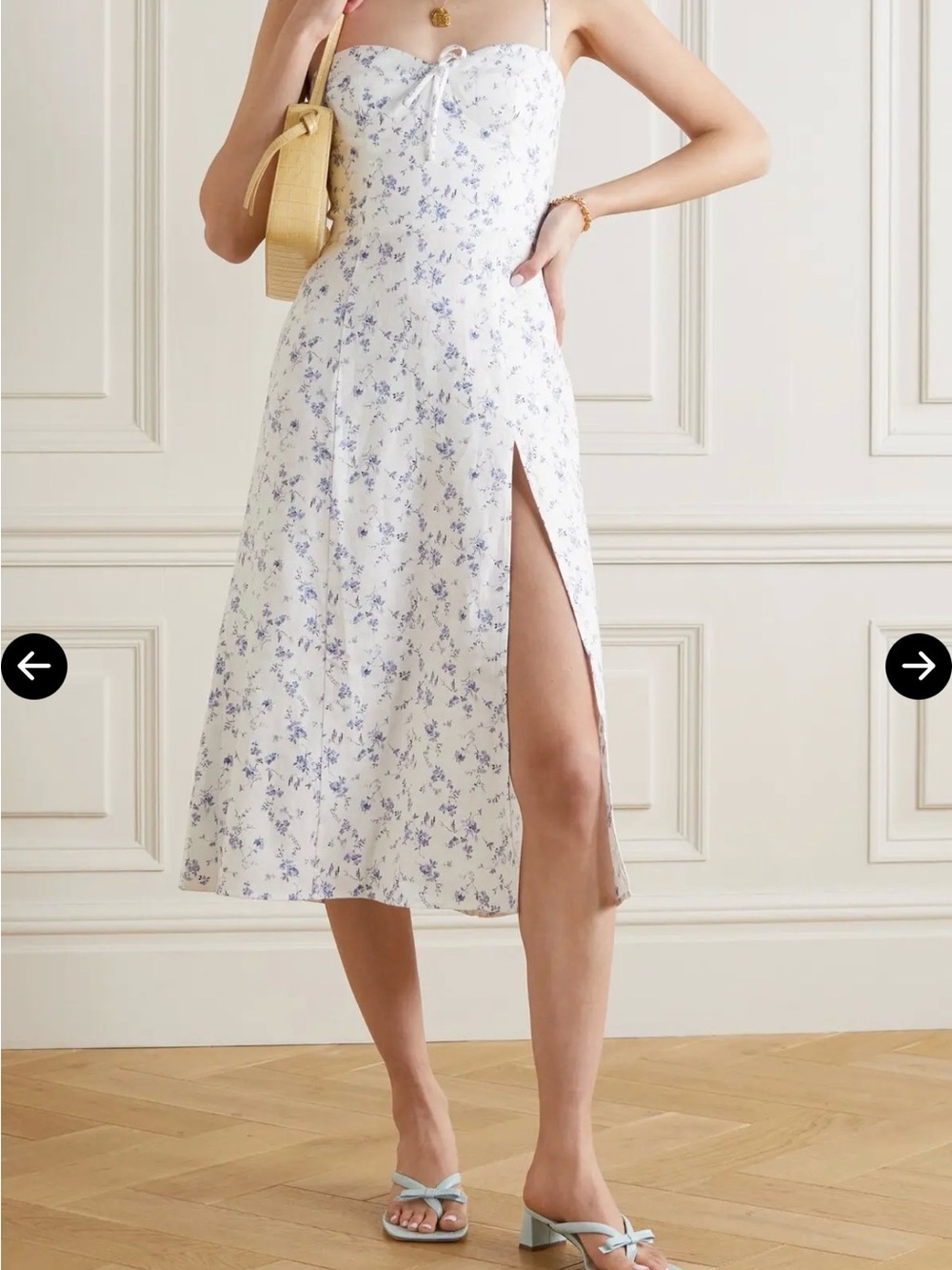 Reformation Joyce Floral Linen Midi Dress White with Side Slit